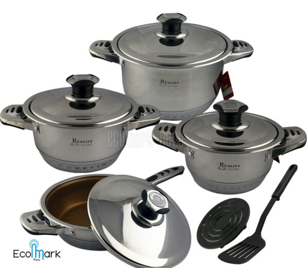 Set de Ollas Reality Acero Quirúrgico 10Pc con sartén roca volcánica