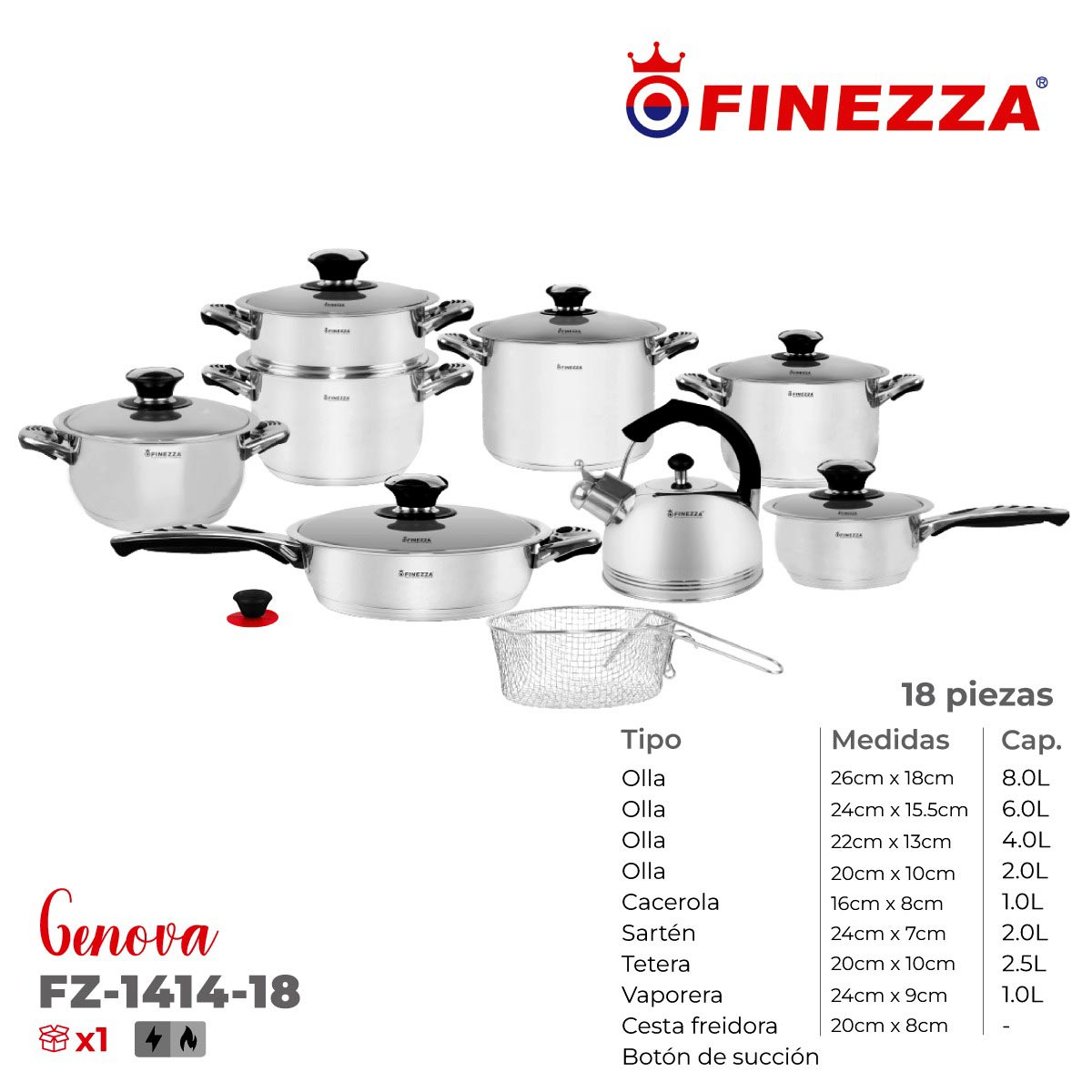 Set de Ollas FINEZZA Acero Inoxidable 18/10 18pc - Imagen 2
