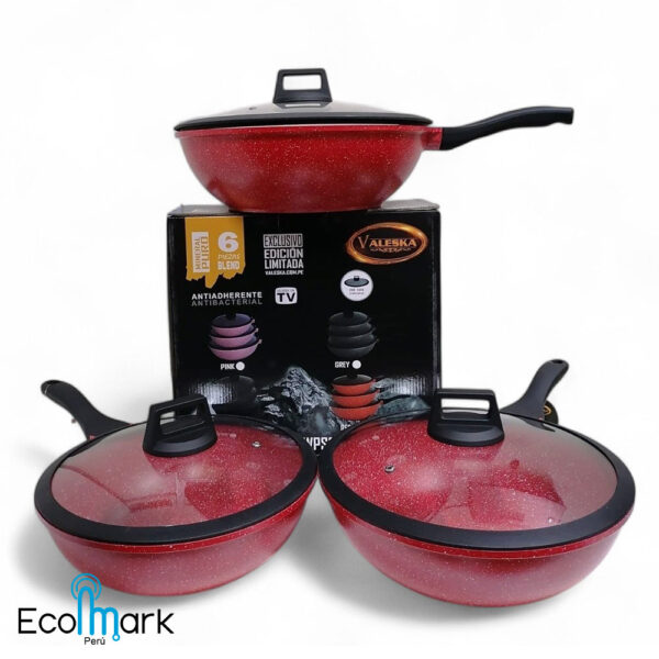 Set de Sartenes Wok Roca Volcánica Valeska Rojo