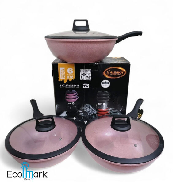 Set de Sartenes Wok Roca Volcánica Valeska Rosado